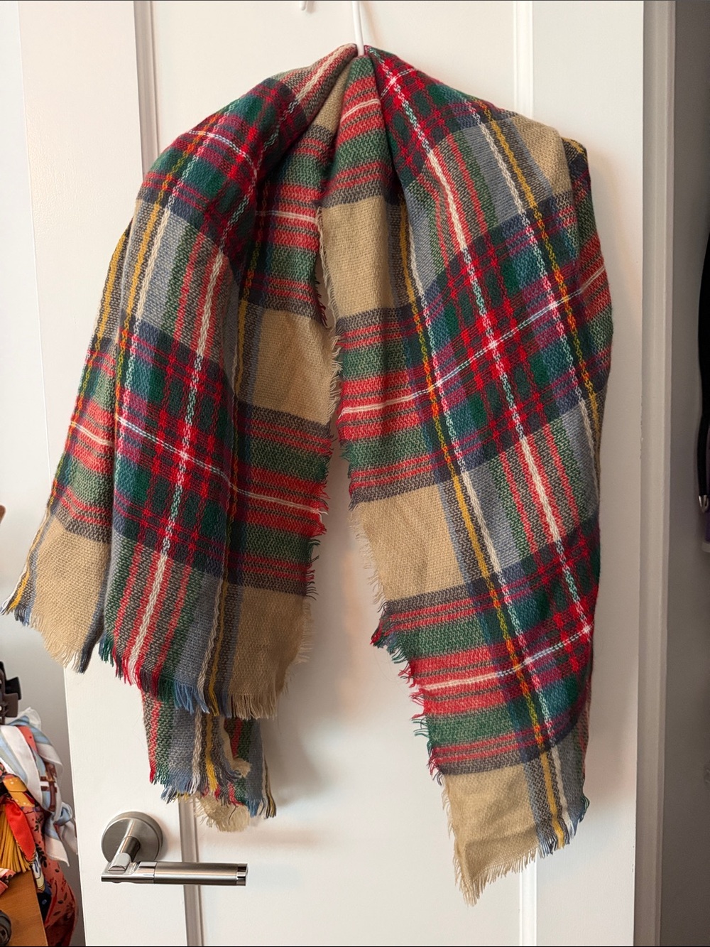 Plaid Wool-Blend Throw Blanket in Red, Green & Tan - Unbranded